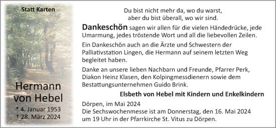 Traueranzeige von Hermann von Hebel von Neue Osnabrücker Zeitung GmbH & Co. KG