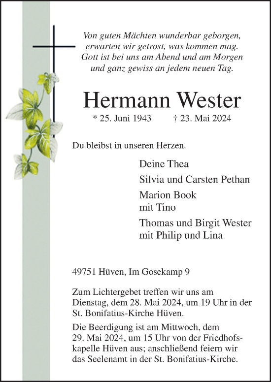 Traueranzeige von Hermann Wester von Neue Osnabrücker Zeitung GmbH & Co. KG