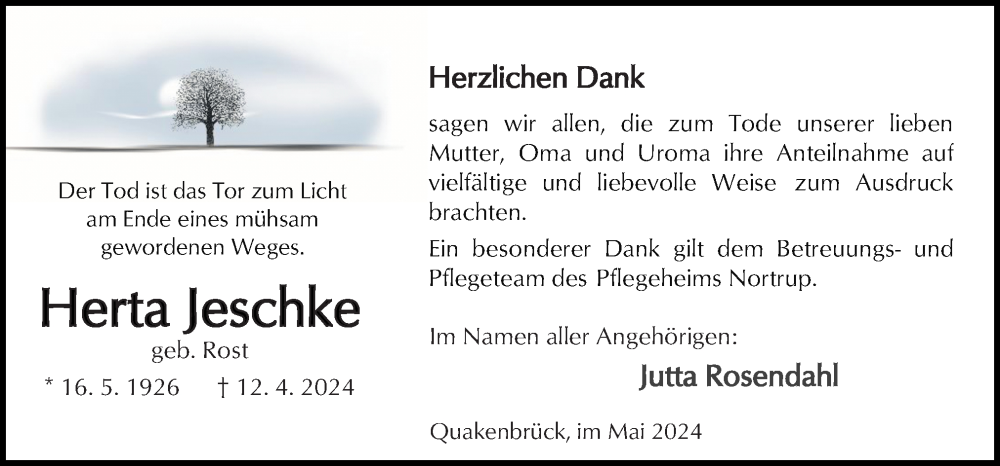  Traueranzeige für Herta Jeschke vom 25.05.2024 aus Neue Osnabrücker Zeitung GmbH & Co. KG