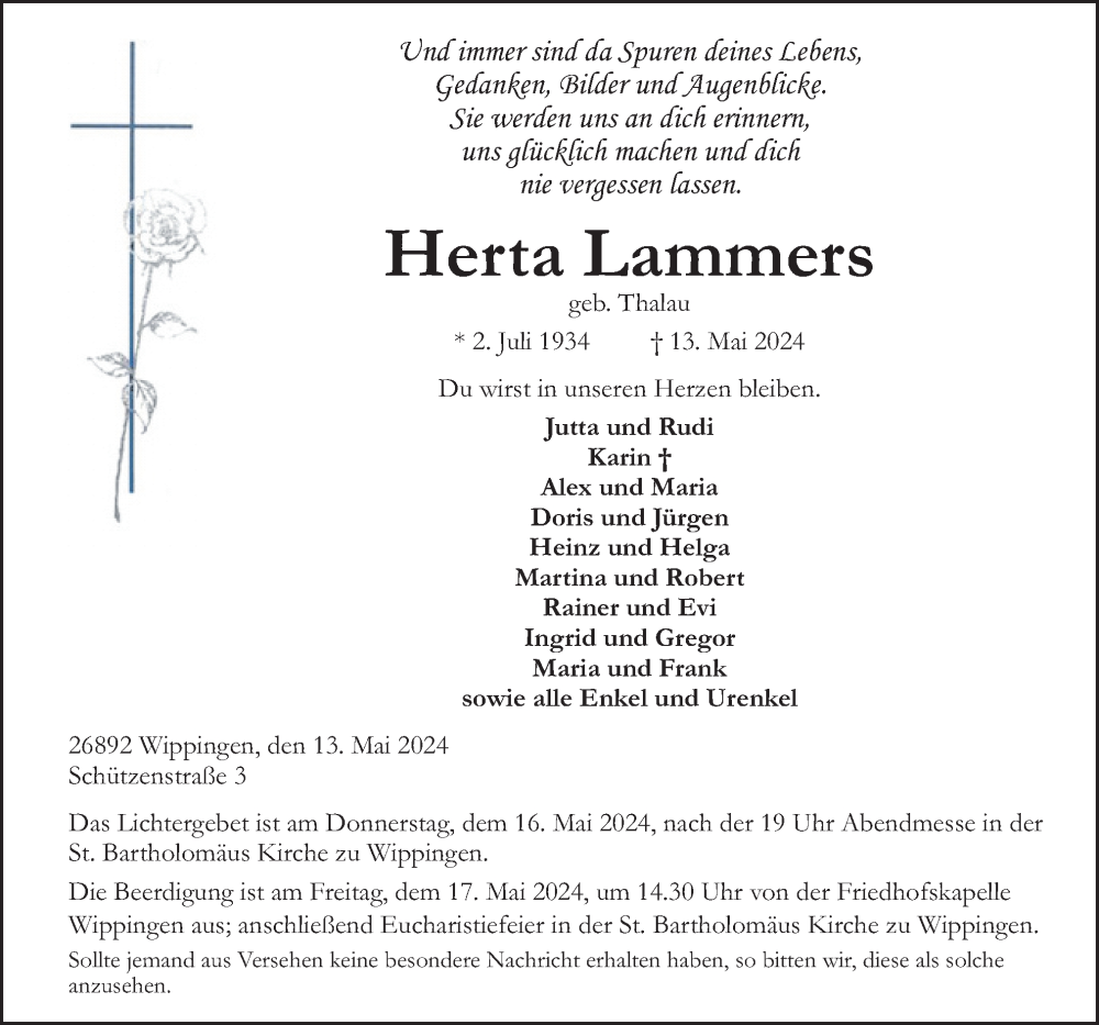  Traueranzeige für Herta Lammers vom 15.05.2024 aus Neue Osnabrücker Zeitung GmbH & Co. KG