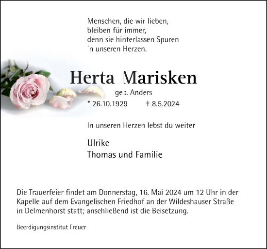 Traueranzeige von Herta Marisken von DK Medien GmbH & Co. KG