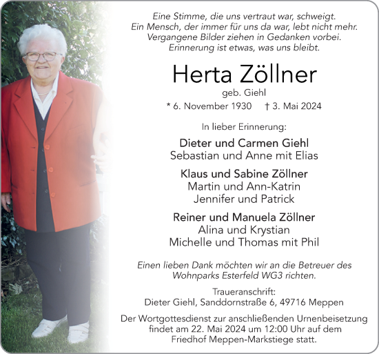 Traueranzeige von Herta Zöllner von Neue Osnabrücker Zeitung GmbH & Co. KG