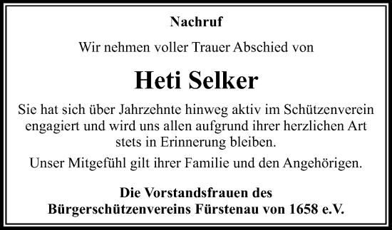Traueranzeige von Heti Selker von Neue Osnabrücker Zeitung GmbH & Co. KG
