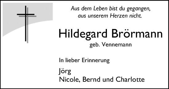 Traueranzeige von Hildegard Brörmann von Neue Osnabrücker Zeitung GmbH & Co. KG