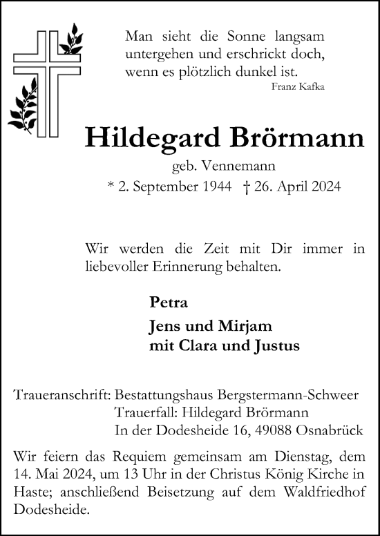 Traueranzeige von Hildegard Brörmann von Neue Osnabrücker Zeitung GmbH & Co. KG