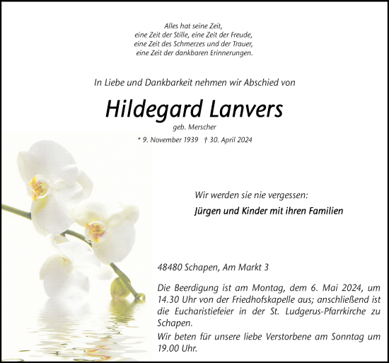 Traueranzeige von Hildegard Lanvers von Neue Osnabrücker Zeitung GmbH & Co. KG