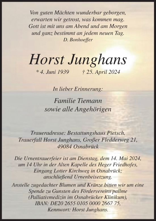 Traueranzeige von Horst Junghans von Neue Osnabrücker Zeitung GmbH & Co. KG