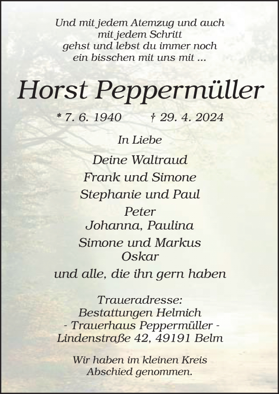 Traueranzeige von Horst Peppermüller von Neue Osnabrücker Zeitung GmbH & Co. KG