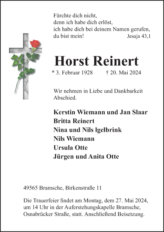 Traueranzeige von Horst Reinert von Neue Osnabrücker Zeitung GmbH & Co. KG