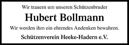 Traueranzeige von Hubert Bollmann von Neue Osnabrücker Zeitung GmbH & Co. KG
