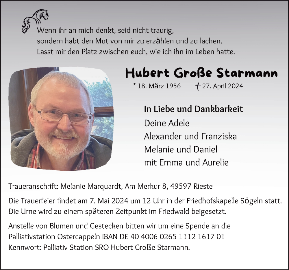  Traueranzeige für Hubert Große Starmann vom 04.05.2024 aus Neue Osnabrücker Zeitung GmbH & Co. KG