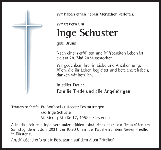 Traueranzeige von Inge Schuster von Neue Osnabrücker Zeitung GmbH & Co. KG