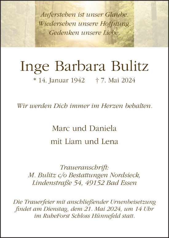Traueranzeige von Inge Barbara Bulitz von Neue Osnabrücker Zeitung GmbH & Co. KG