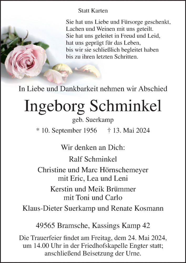  Traueranzeige für Ingeborg Schminkel vom 18.05.2024 aus Neue Osnabrücker Zeitung GmbH & Co. KG