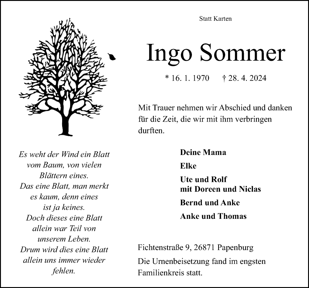  Traueranzeige für Ingo Sommer vom 18.05.2024 aus Neue Osnabrücker Zeitung GmbH & Co. KG