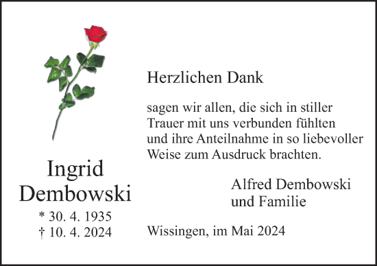 Traueranzeige von Ingrid Dembowski von Neue Osnabrücker Zeitung GmbH & Co. KG