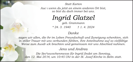 Traueranzeige von Ingrid Glatzel von Neue Osnabrücker Zeitung GmbH & Co. KG