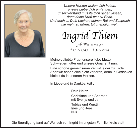 Traueranzeige von Ingrid Thiem von Neue Osnabrücker Zeitung GmbH & Co. KG