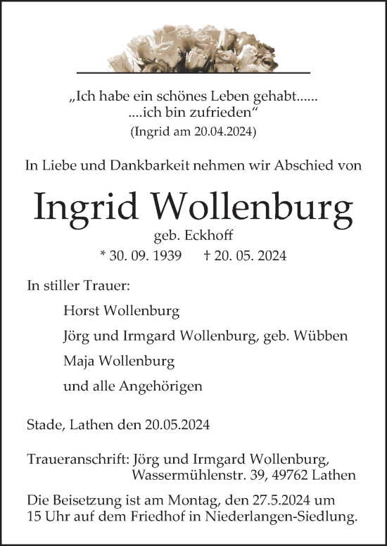 Traueranzeige von Ingrid Wollenburg von Neue Osnabrücker Zeitung GmbH & Co. KG
