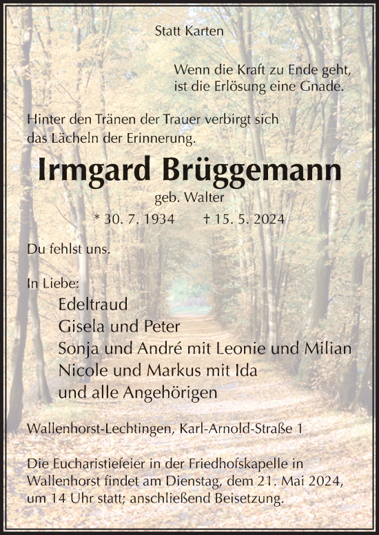 Traueranzeige von Irmgard Brüggemann von Neue Osnabrücker Zeitung GmbH & Co. KG