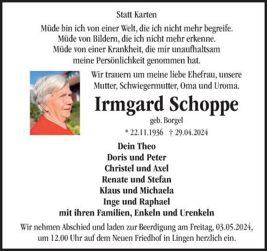 Traueranzeige von Irmgard Schoppe von Neue Osnabrücker Zeitung GmbH & Co. KG