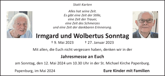 Traueranzeige von Irmgard und Wolbertus Sonntag von Neue Osnabrücker Zeitung GmbH & Co. KG