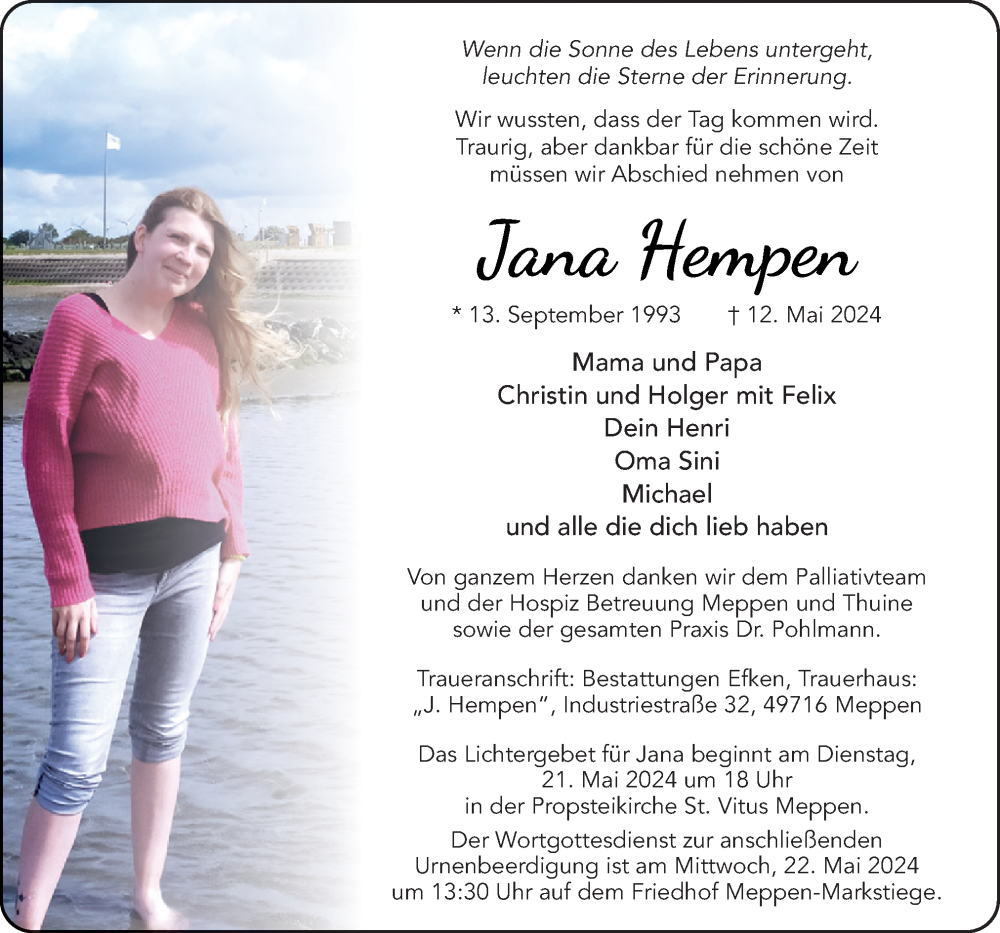  Traueranzeige für Jana Hempen vom 16.05.2024 aus Neue Osnabrücker Zeitung GmbH & Co. KG