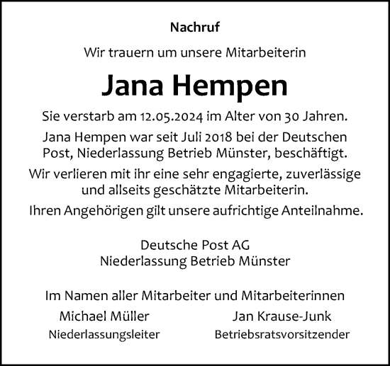 Traueranzeige von Jana Hempen von Neue Osnabrücker Zeitung GmbH & Co. KG