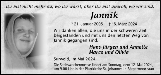 Traueranzeige von Jannik Hempel von Neue Osnabrücker Zeitung GmbH & Co. KG