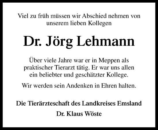 Traueranzeige von Jörg Lehmann von Neue Osnabrücker Zeitung GmbH & Co. KG