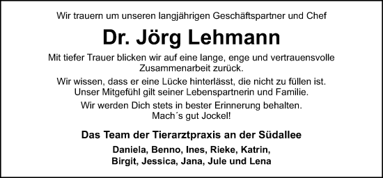 Traueranzeige von Jörg Lehmann von Neue Osnabrücker Zeitung GmbH & Co. KG