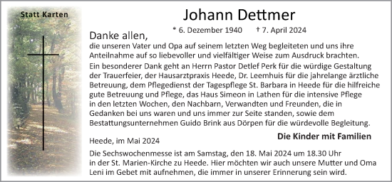 Traueranzeige von Johann Dettmer von Neue Osnabrücker Zeitung GmbH & Co. KG