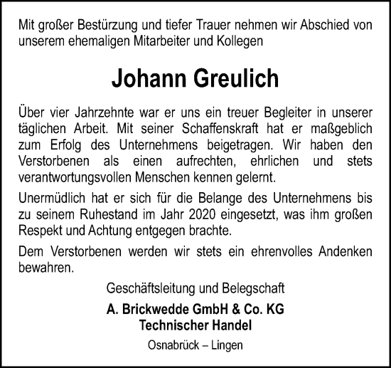 Traueranzeige von Johann Greulich von Neue Osnabrücker Zeitung GmbH & Co. KG