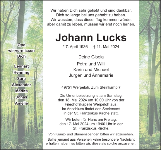Traueranzeige von Johann Lucks von Neue Osnabrücker Zeitung GmbH & Co. KG
