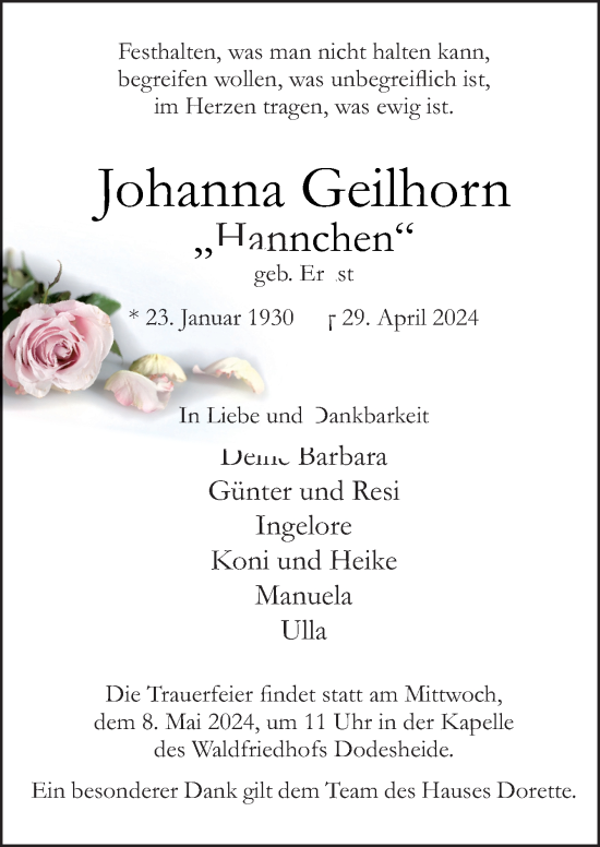 Traueranzeige von Johanna Geilhorn von Neue Osnabrücker Zeitung GmbH & Co. KG