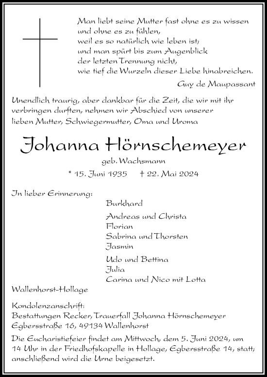 Traueranzeige von Johanna Hörnschemeyer von Neue Osnabrücker Zeitung GmbH & Co. KG