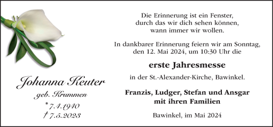 Traueranzeige von Johanna Keuter von Neue Osnabrücker Zeitung GmbH & Co. KG