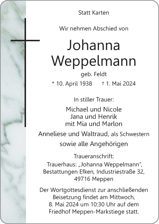 Traueranzeige von Johanna Weppelmann von Neue Osnabrücker Zeitung GmbH & Co. KG
