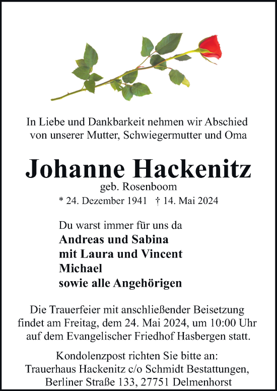 Traueranzeige von Johanne Hackenitz von DK Medien GmbH & Co. KG