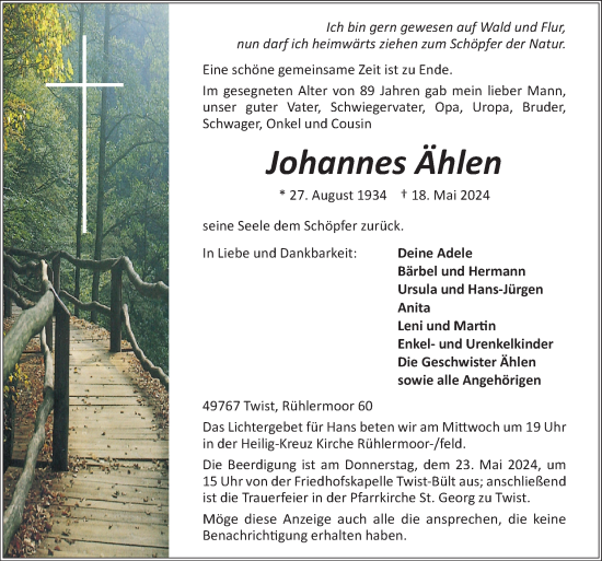 Traueranzeige von Johannes Ählen von Neue Osnabrücker Zeitung GmbH & Co. KG