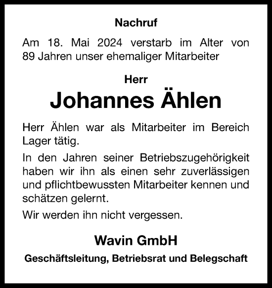 Traueranzeige von Johannes Ählen von Neue Osnabrücker Zeitung GmbH & Co. KG