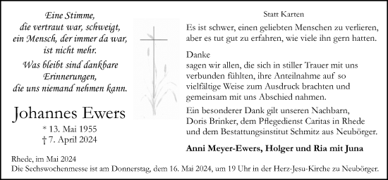 Traueranzeige von Johannes Ewers von Neue Osnabrücker Zeitung GmbH & Co. KG