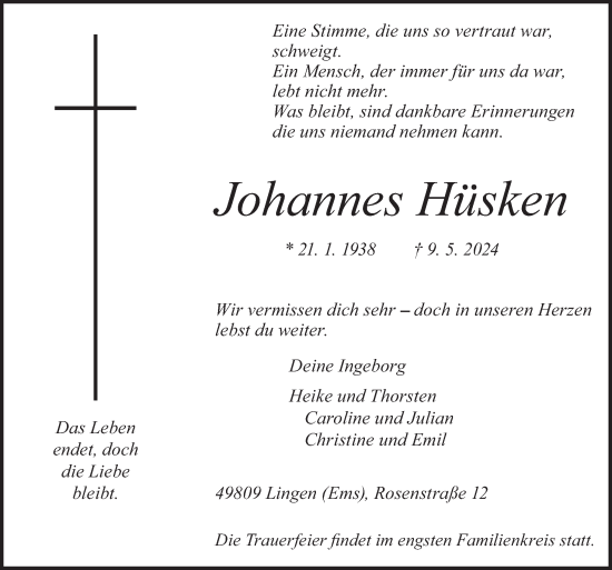 Traueranzeige von Johannes Hüsken von Neue Osnabrücker Zeitung GmbH & Co. KG