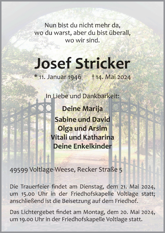 Traueranzeige von Josef Stricker von Neue Osnabrücker Zeitung GmbH & Co. KG
