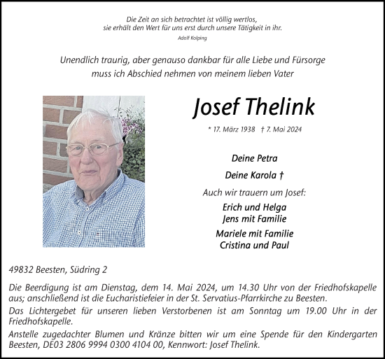 Traueranzeige von Josef Thelink von Neue Osnabrücker Zeitung GmbH & Co. KG
