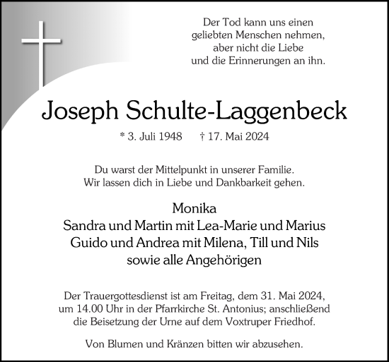 Traueranzeige von Joseph Schulte-Laggenbeck von Neue Osnabrücker Zeitung GmbH & Co. KG