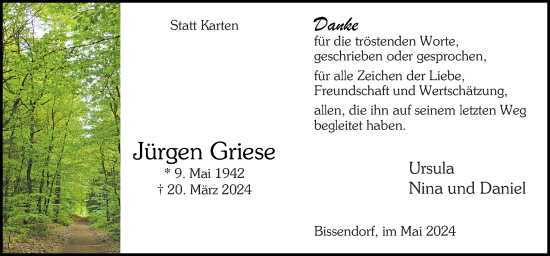 Traueranzeige von Jürgen Griese von Neue Osnabrücker Zeitung GmbH & Co. KG