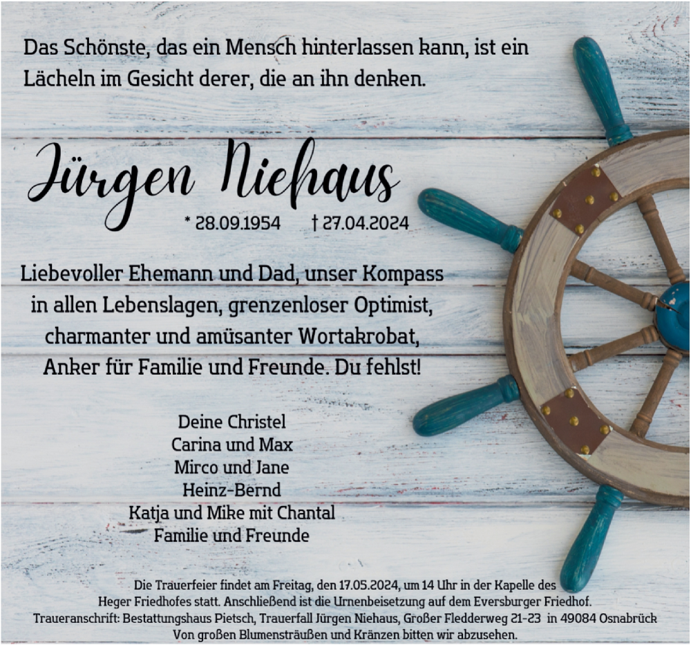  Traueranzeige für Jürgen Niehaus vom 04.05.2024 aus Neue Osnabrücker Zeitung GmbH & Co. KG