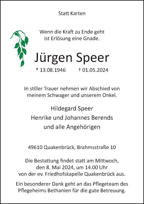 Traueranzeige von Jürgen Speer von Neue Osnabrücker Zeitung GmbH & Co. KG