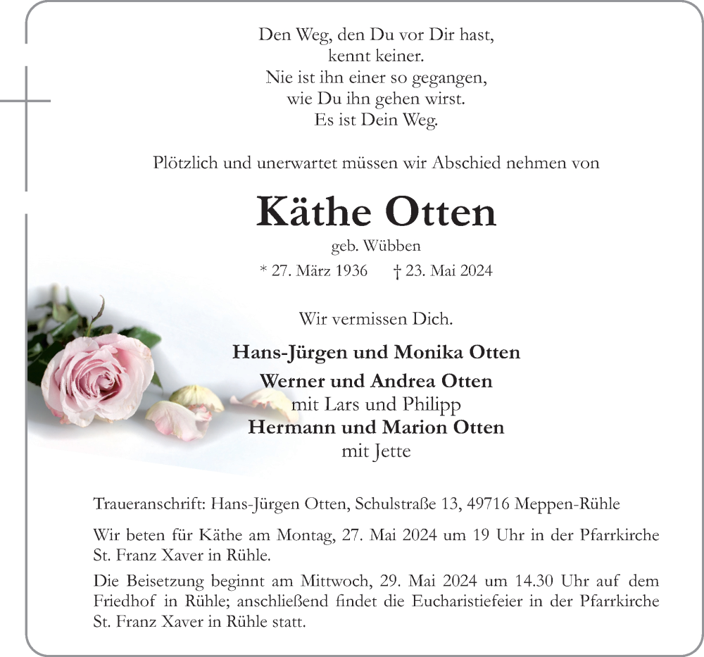  Traueranzeige für Käthe Otten vom 27.05.2024 aus Neue Osnabrücker Zeitung GmbH & Co. KG